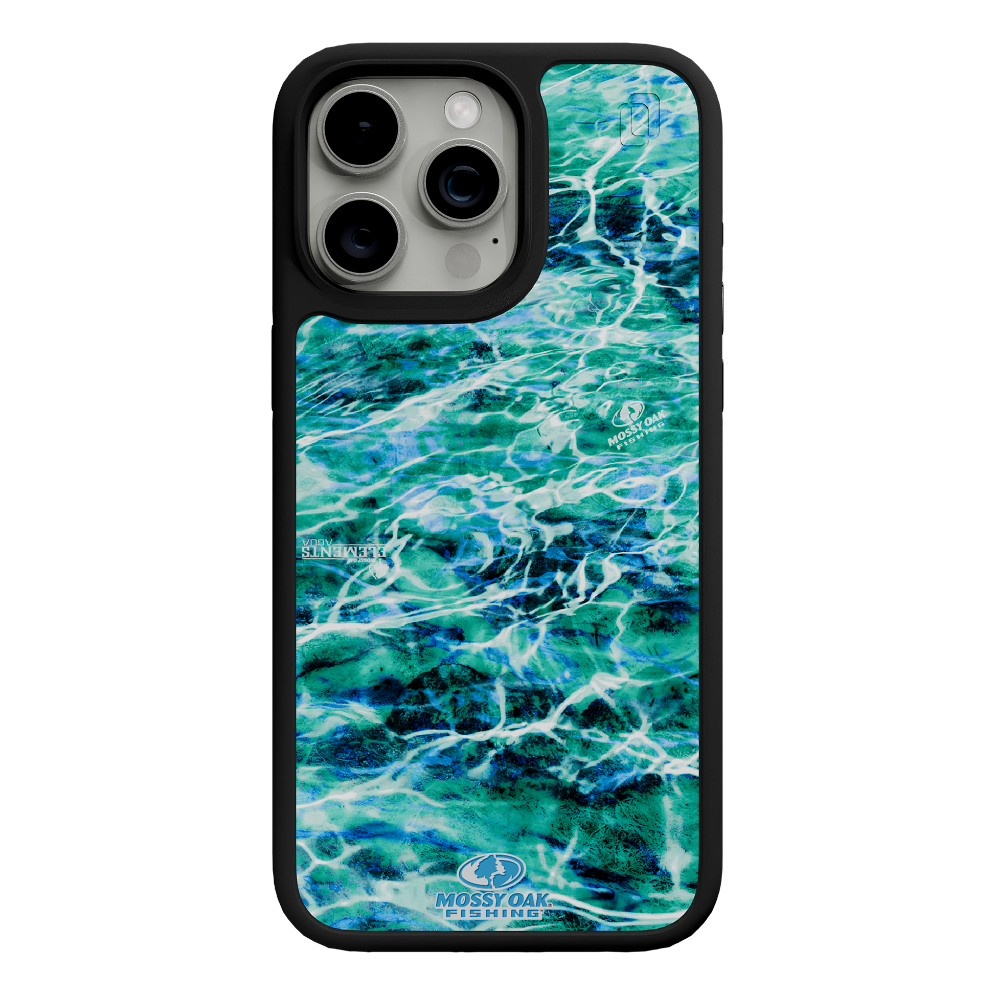 Shock-Absorbent MagSafe® Case for Apple iPhone 15 Pro Max | Mossy Oak Agua Seafoam Blue Camo Onyx Black