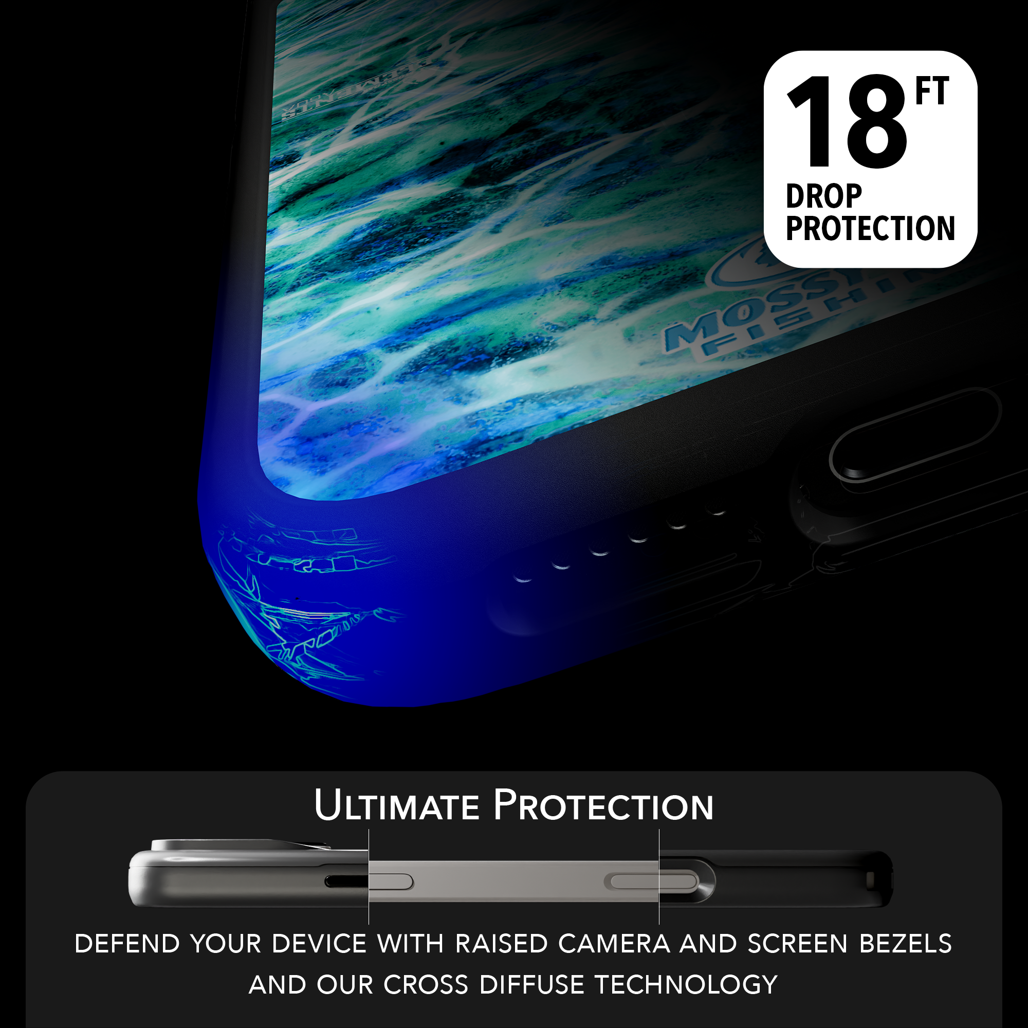 Shock-Absorbent MagSafe® Case for Apple iPhone 15 Pro Max | Mossy Oak Agua Seafoam Blue Camo Onyx Black