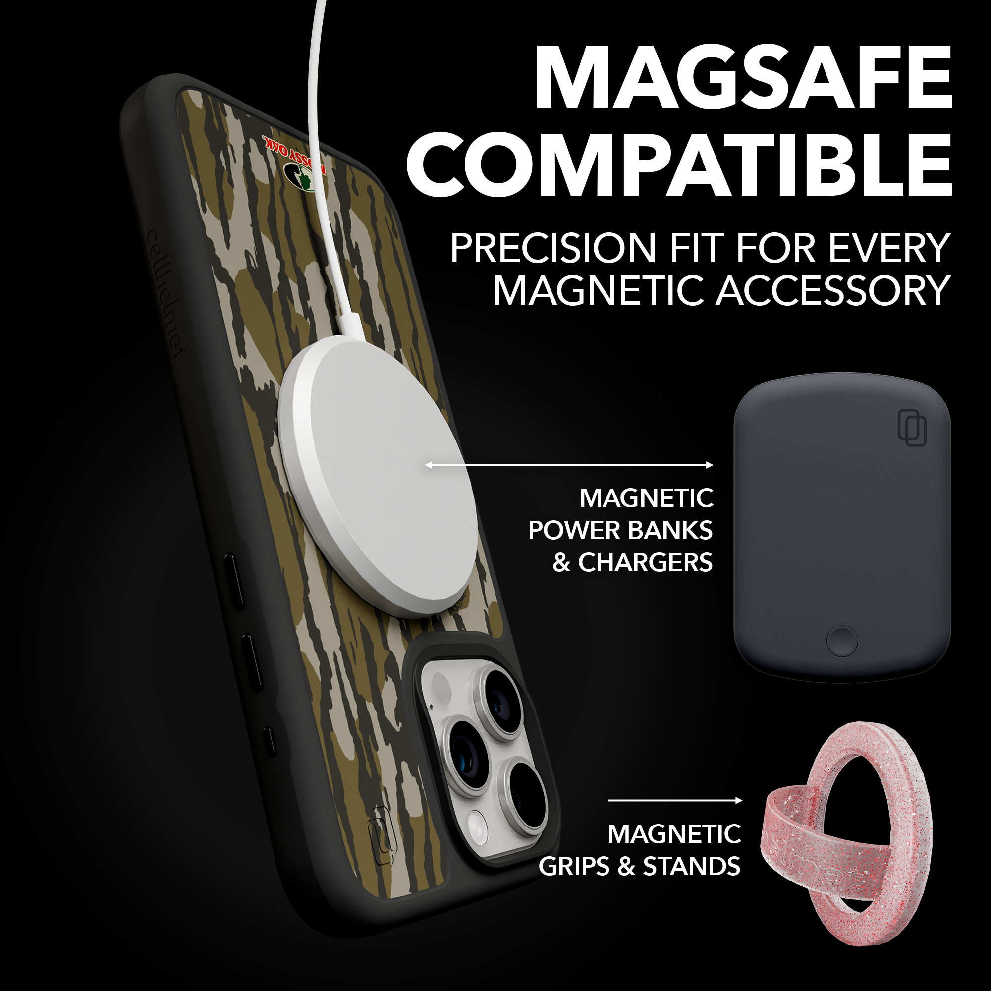 Shock-Absorbent MagSafe® Case for Apple iPhone 15 Pro Max | Mossy Oak Bottomland Camo Onyx Black