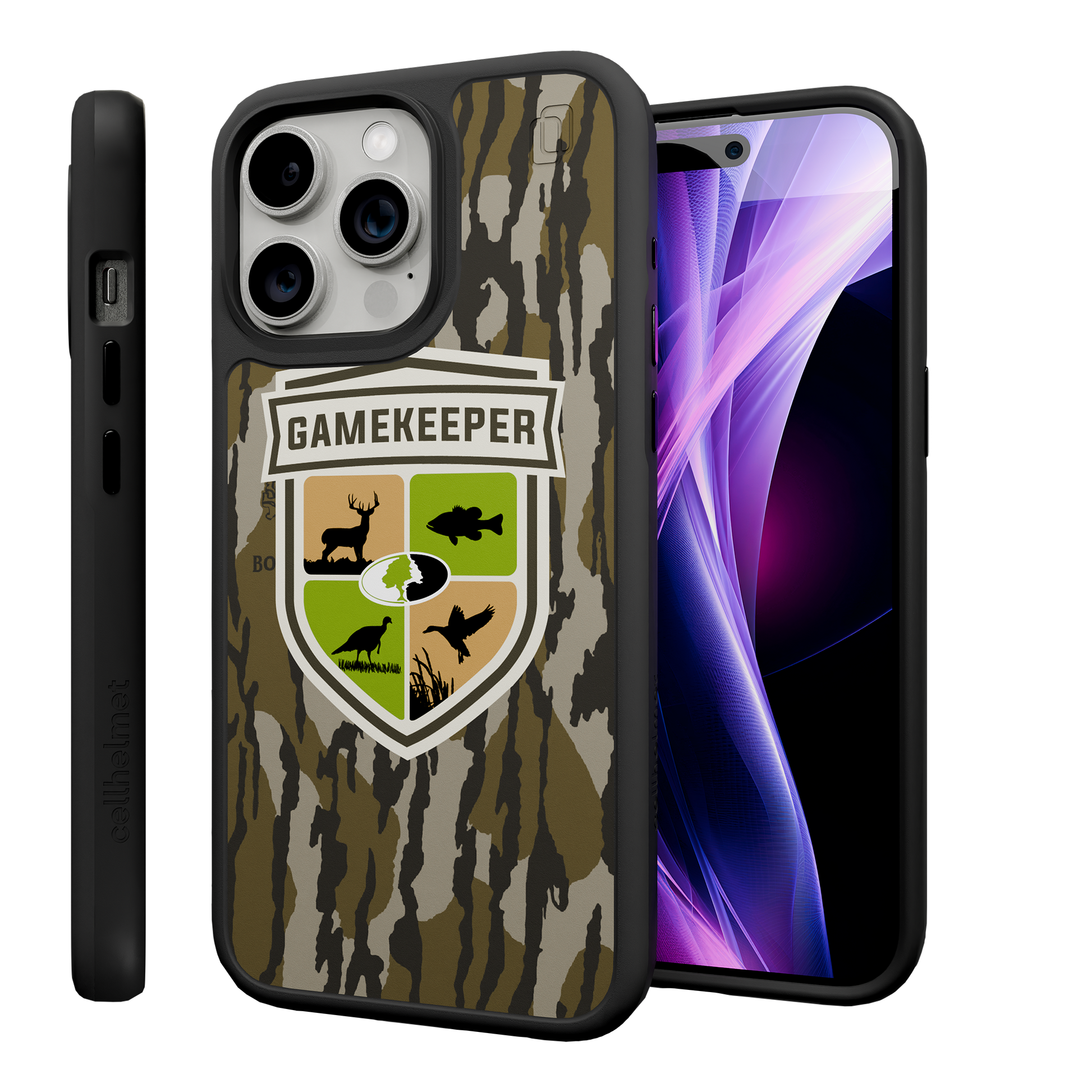 Shock-Absorbent MagSafe® Case for Apple iPhone 15 Pro Max | Mossy Oak Gamekeeper Bottomland Camo Onyx Black