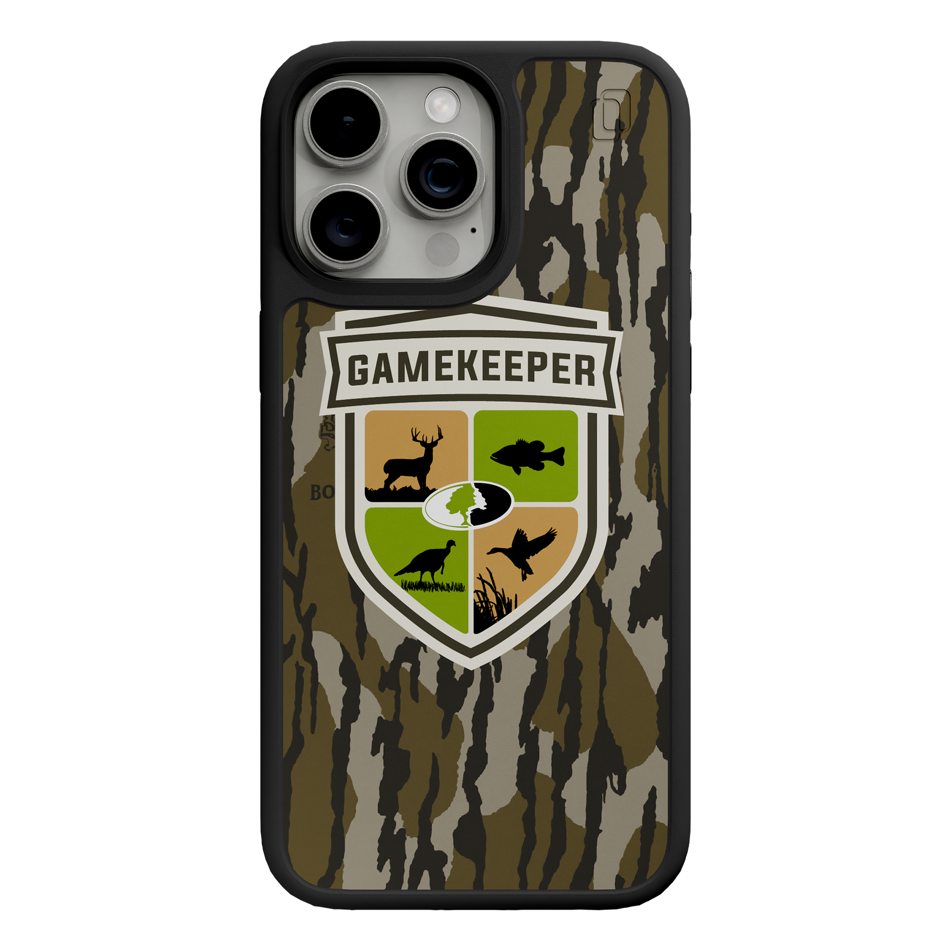 Shock-Absorbent MagSafe® Case for Apple iPhone 15 Pro Max | Mossy Oak Gamekeeper Bottomland Camo Onyx Black