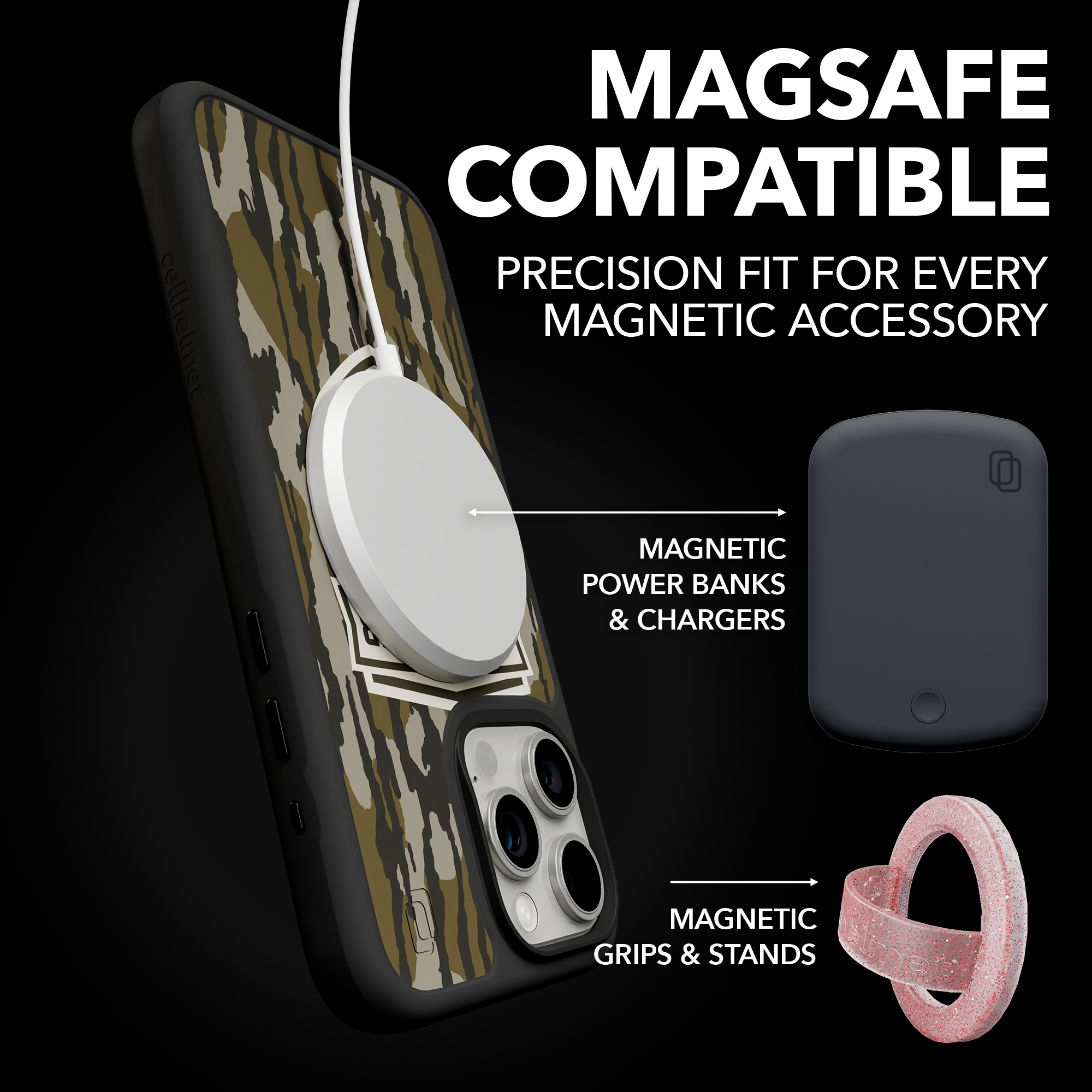 Shock-Absorbent MagSafe® Case for Apple iPhone 15 Pro Max | Mossy Oak Gamekeeper Bottomland Camo Onyx Black