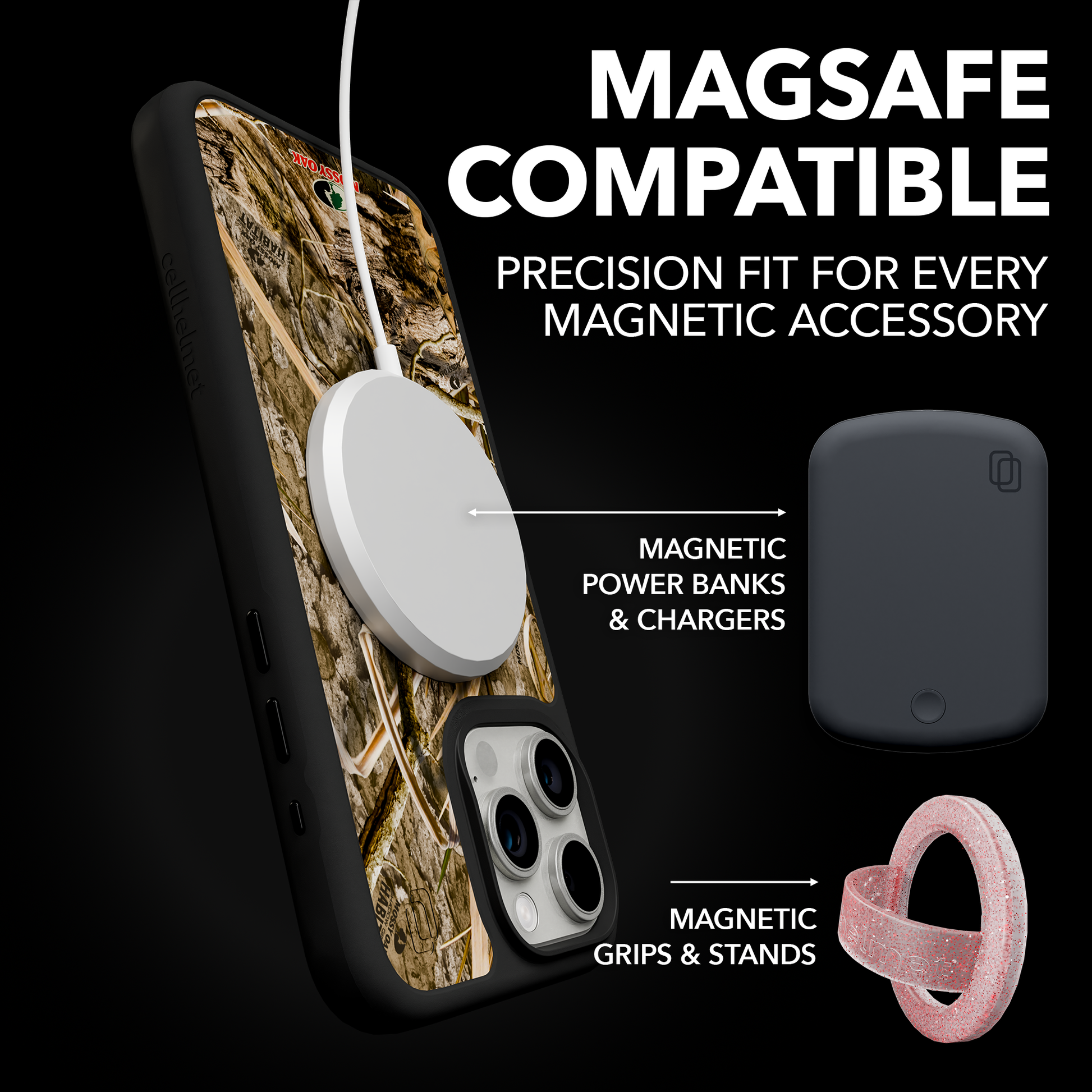 Shock-Absorbent MagSafe® Case for Apple iPhone 15 Pro Max | Mossy Oak Shadow Grass Camo Onyx Black