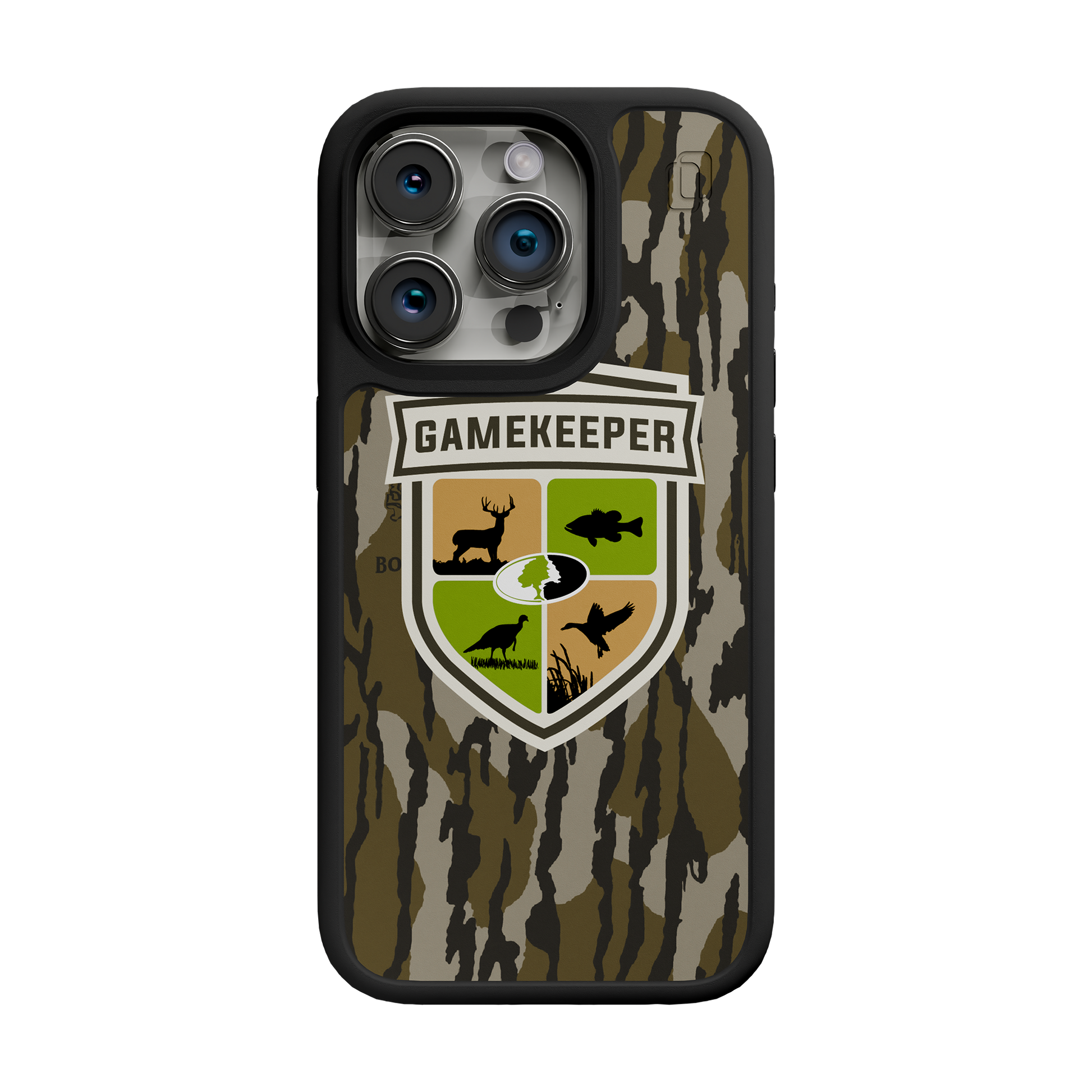 Shock-Absorbent MagSafe® Case for Apple iPhone 15 Pro | Mossy Oak Gamekeeper Bottomland Camo Onyx Black
