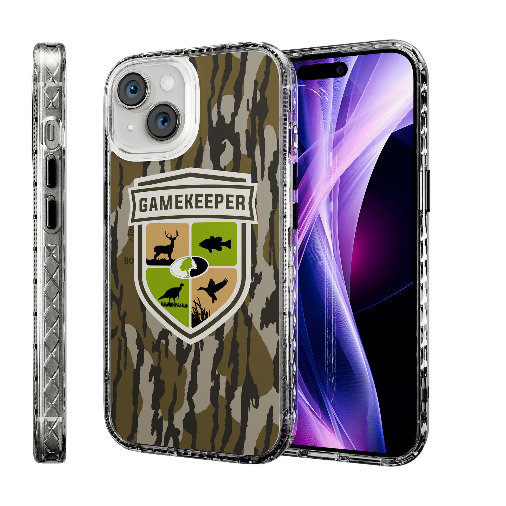 Slim MagSafe® Case for Apple iPhone 15 | Mossy Oak Gamekeeper Bottomland Camo Crystal Clear