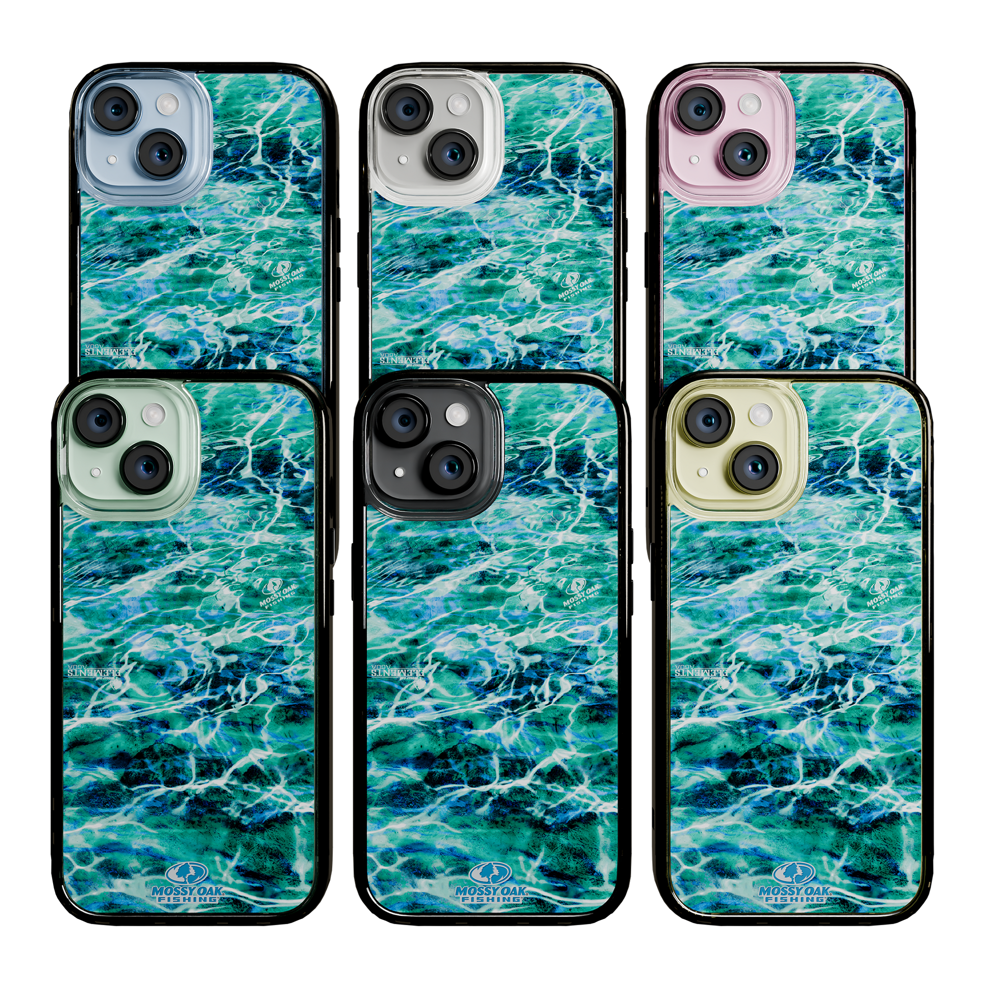 Slim MagSafe® Case for Apple iPhone 15 | Mossy Oak Agua Seafoam Blue Camo Onyx Black