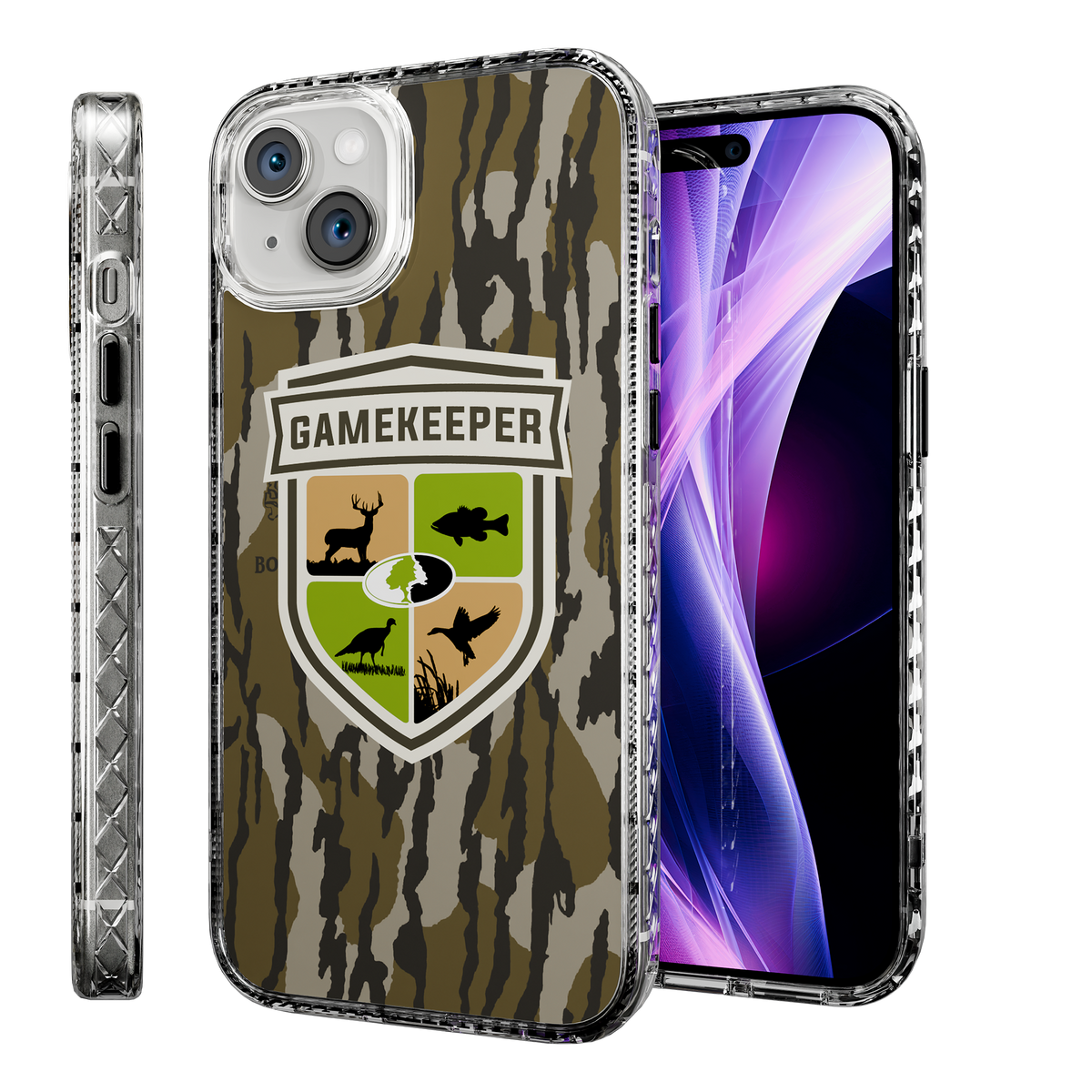 Slim MagSafe® Case for Apple iPhone 15 Plus | Mossy Oak Gamekeeper Bottomland Camo Crystal Clear