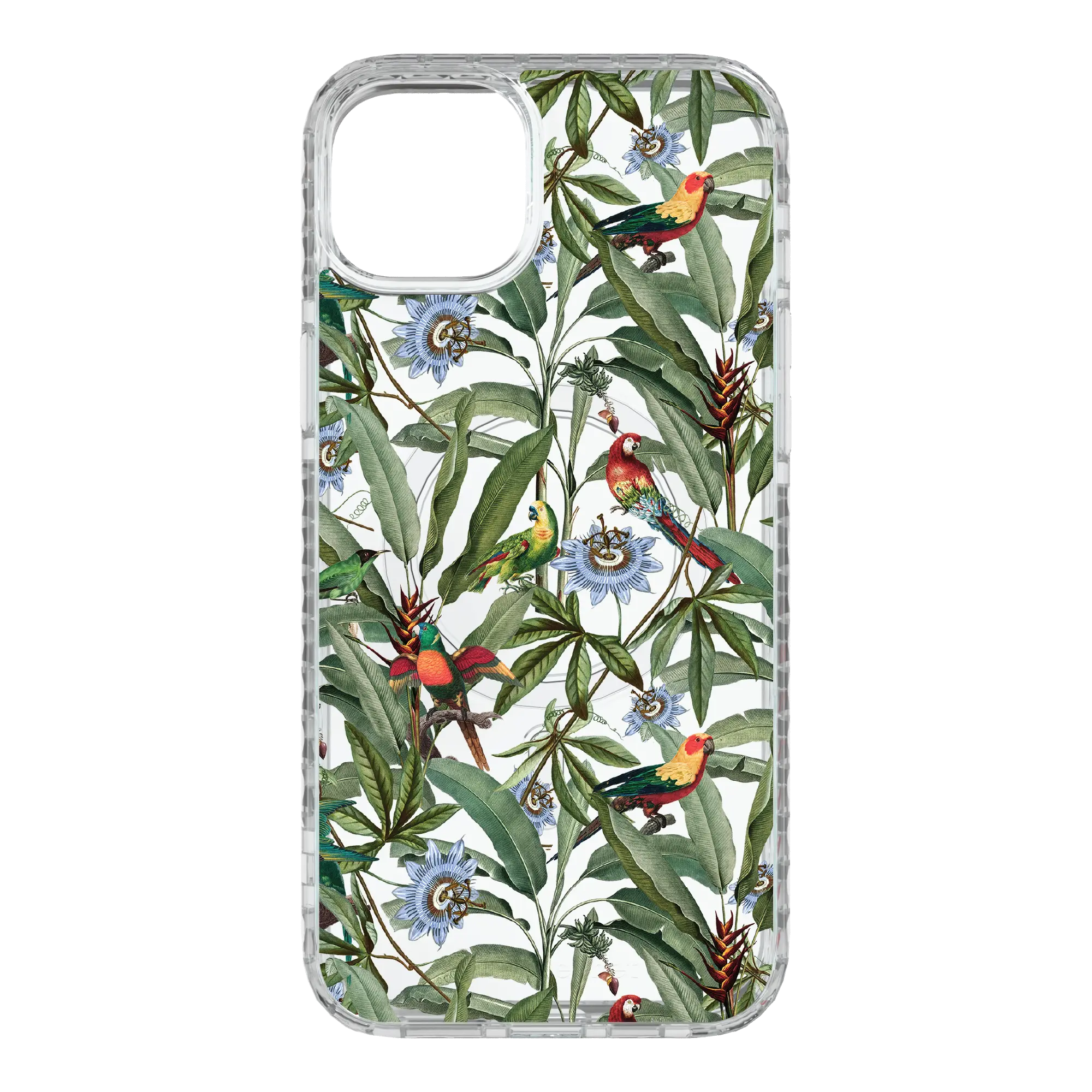 Apple-iPhone-15-Plus-Crystal-Clear Parrot Haven | Protective MagSafe Parrot Floral Case | Birds and Bees Collection for Apple iPhone 15 Series cellhelmet cellhelmet