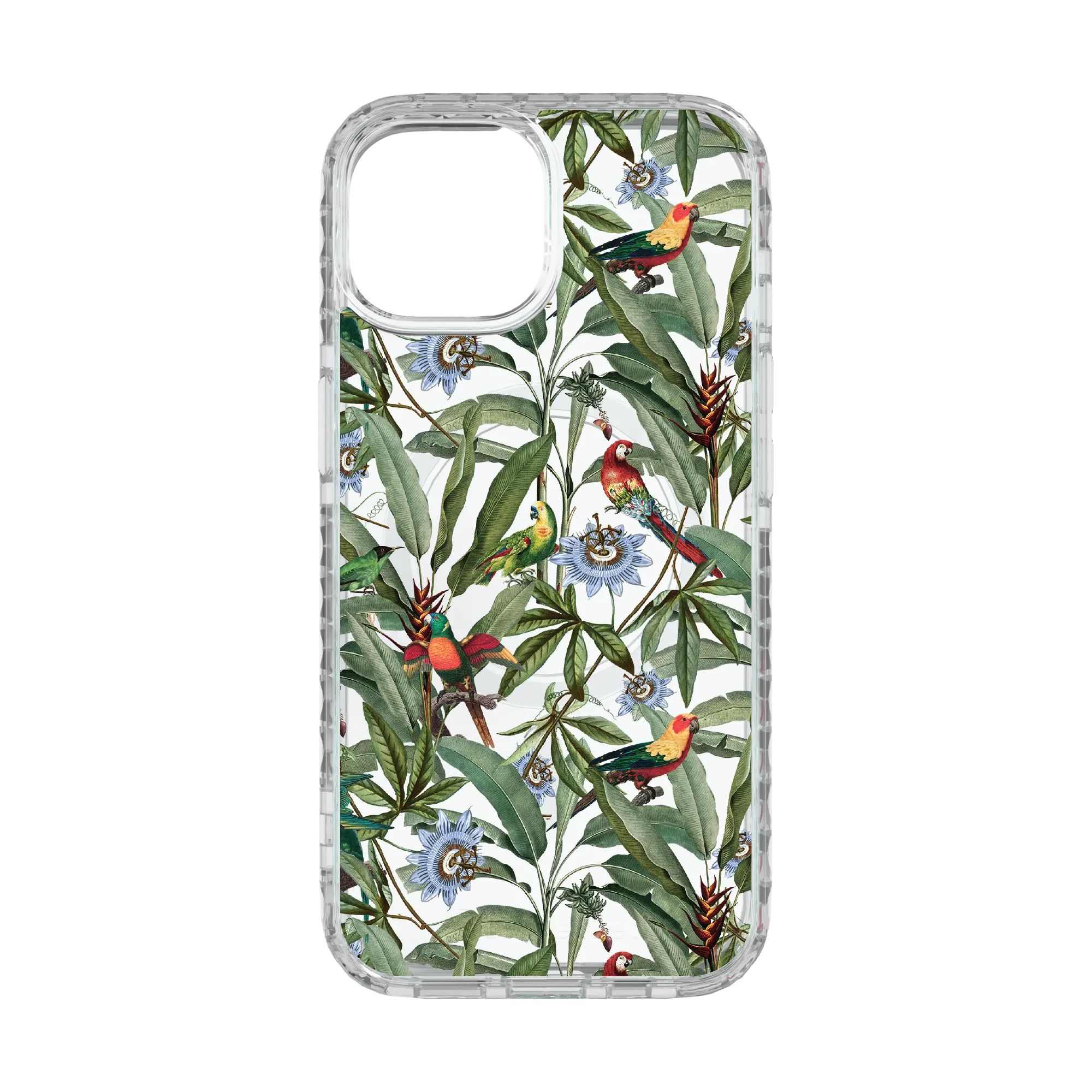 Apple-iPhone-15-Crystal-Clear Parrot Haven | Protective MagSafe Parrot Floral Case | Birds and Bees Collection for Apple iPhone 15 Series cellhelmet cellhelmet