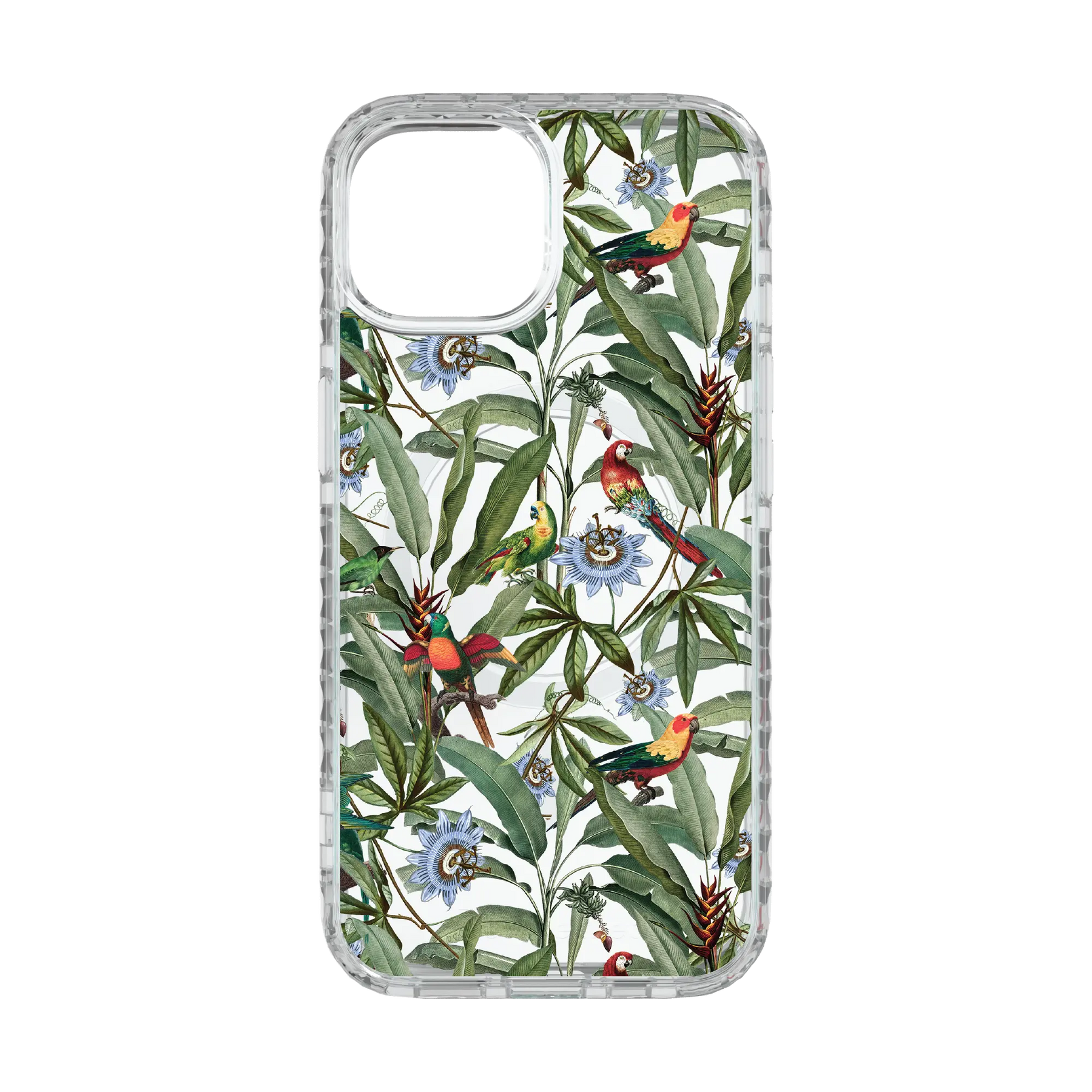 Apple-iPhone-15-Crystal-Clear Parrot Haven | Protective MagSafe Parrot Floral Case | Birds and Bees Collection for Apple iPhone 15 Series cellhelmet cellhelmet