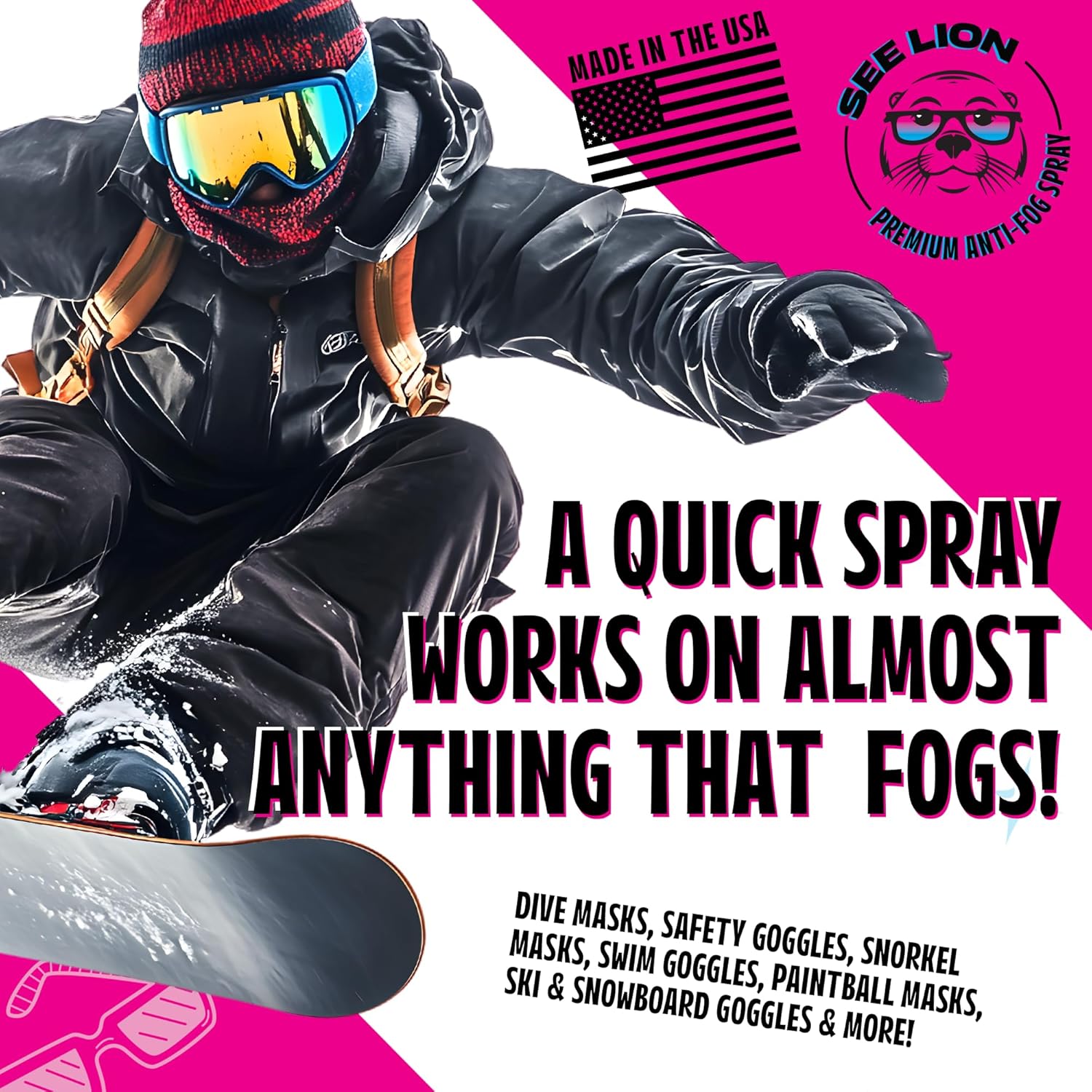 See Lion Anti Fog Spray | Long-Lasting Fog Prevention for Glasses, Goggles, Visors, Face Shields, Sunglasses | Streak-Free Formula