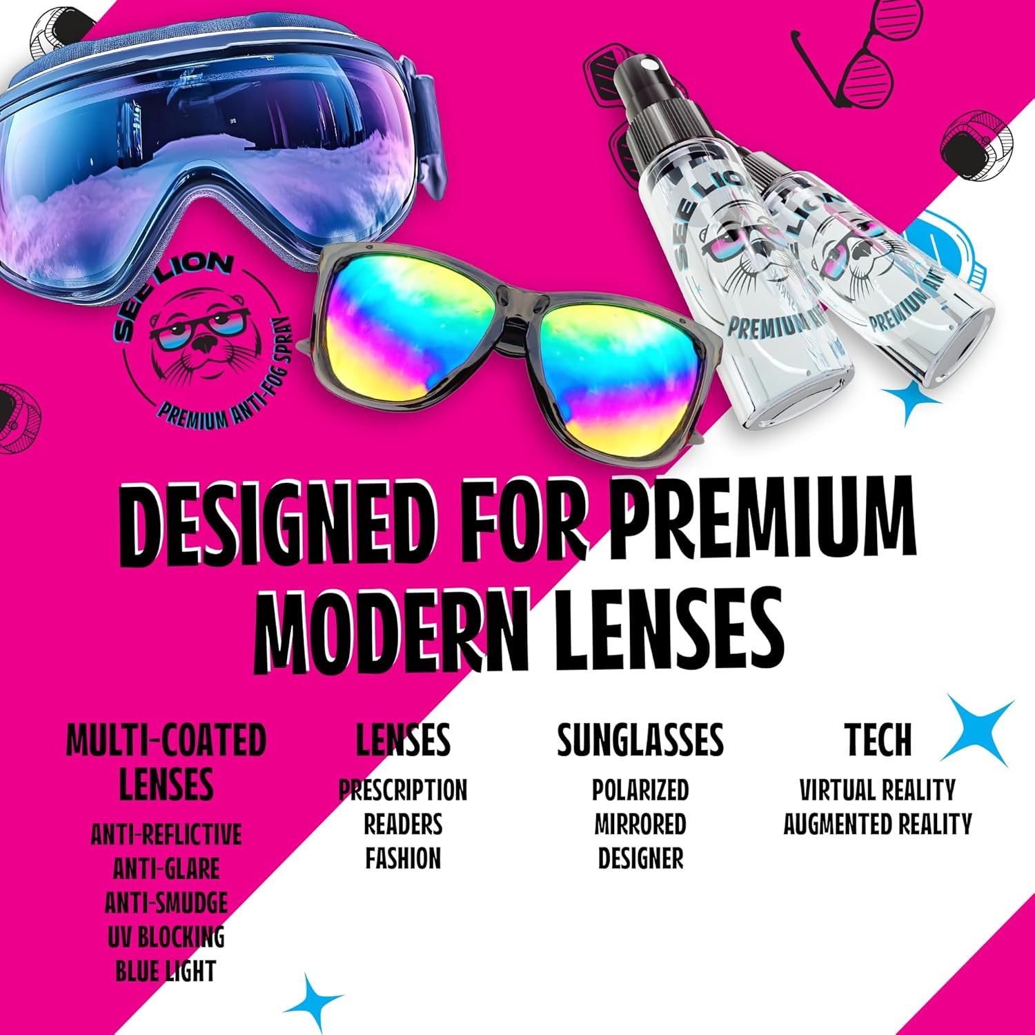 See Lion Anti Fog Spray | Long-Lasting Fog Prevention for Glasses, Goggles, Visors, Face Shields, Sunglasses | Streak-Free Formula