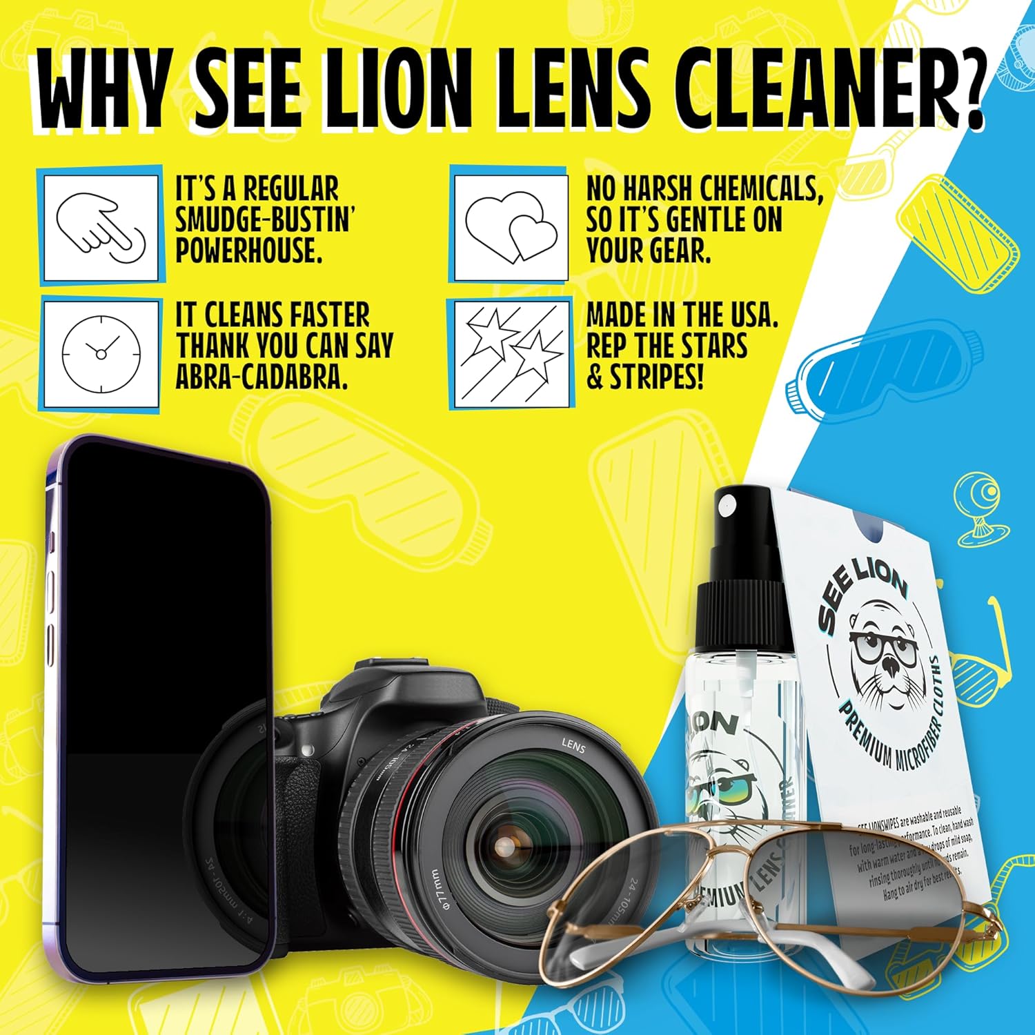 See Lion Premium Lens Cleaner Kit | Safe for Glasses, Camera Lenses, Screens, and Optics - Streak-Free Formula with Microfiber Cloth