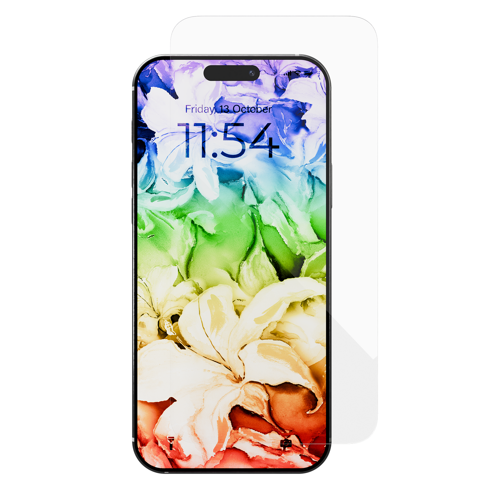 A smartphone with a rainbow floral wallpaper showing 11:54 sits in front of a Tempered Glass for iPhone 17 Pro with Alignment Tray and Anti-Microbial, ready for installation.