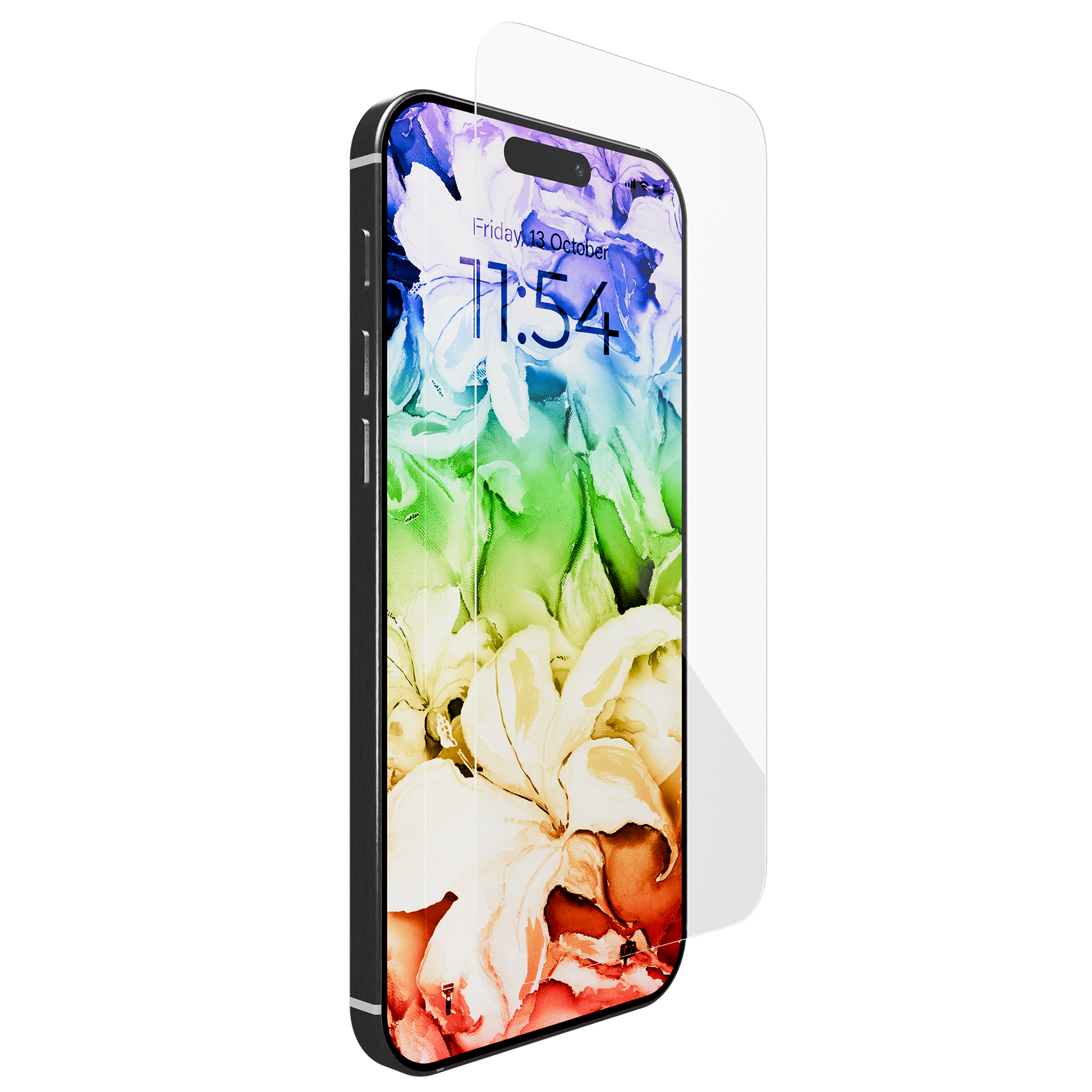 A smartphone with a colorful floral wallpaper is shown as the Tempered Glass for iPhone 17 / 16 Pro w/ Alignment tray and Anti-Microbial is being applied above the screen against a white background.