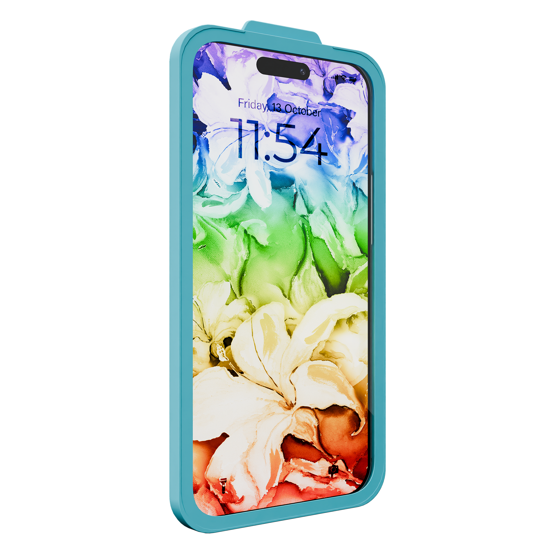 A smartphone with a teal case displays a floral wallpaper, protected by the Tempered Glass for iPhone 17/16 Pro w/ Alignment Tray and Anti-Microbial. The screen shows the time as 17:54 and the date as Friday, 6 October.