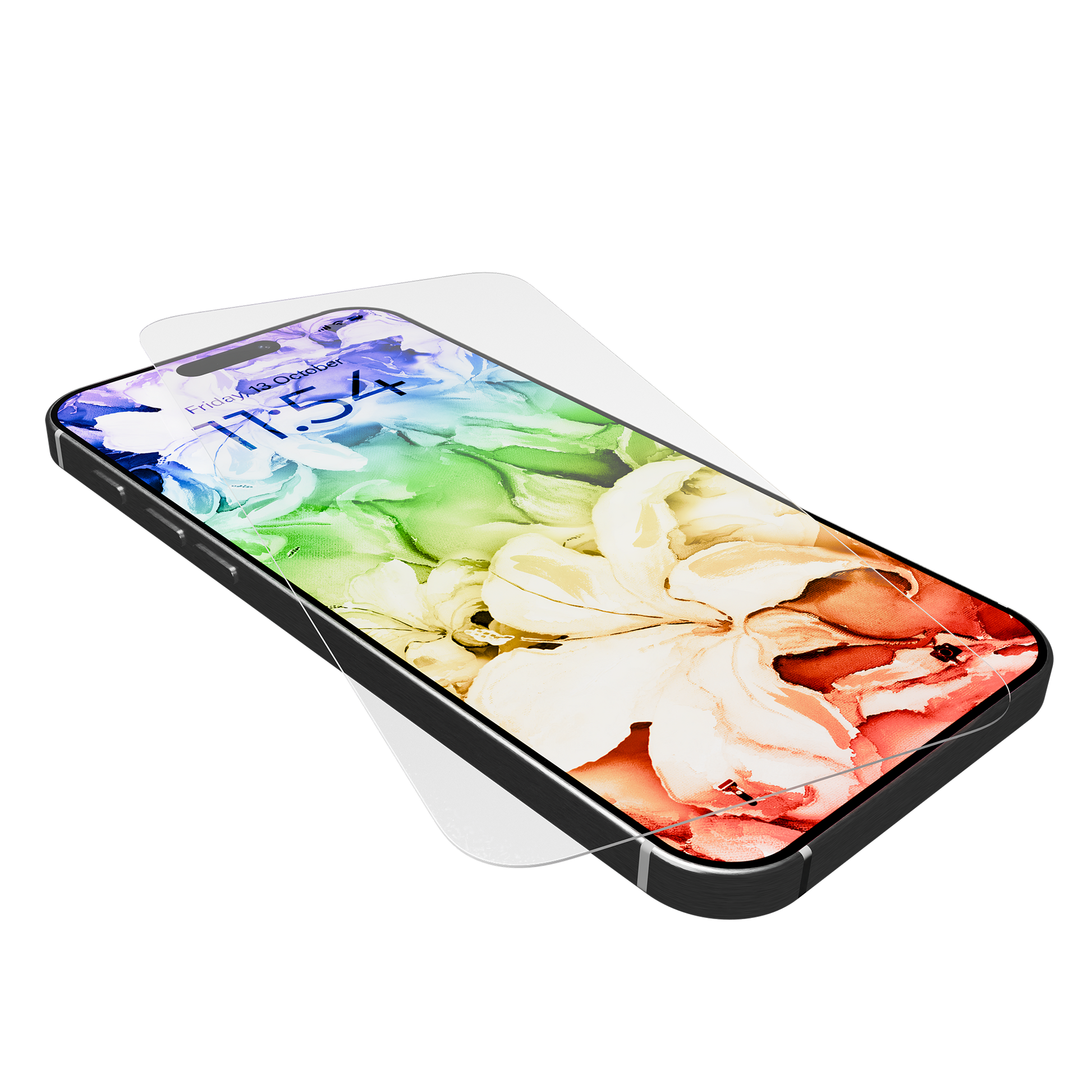 A smartphone with a vibrant floral wallpaper lies flat, partially covered by a Tempered Glass for iPhone 17 Pro with Alignment Tray and Anti-Microbial, hovering above its display.
