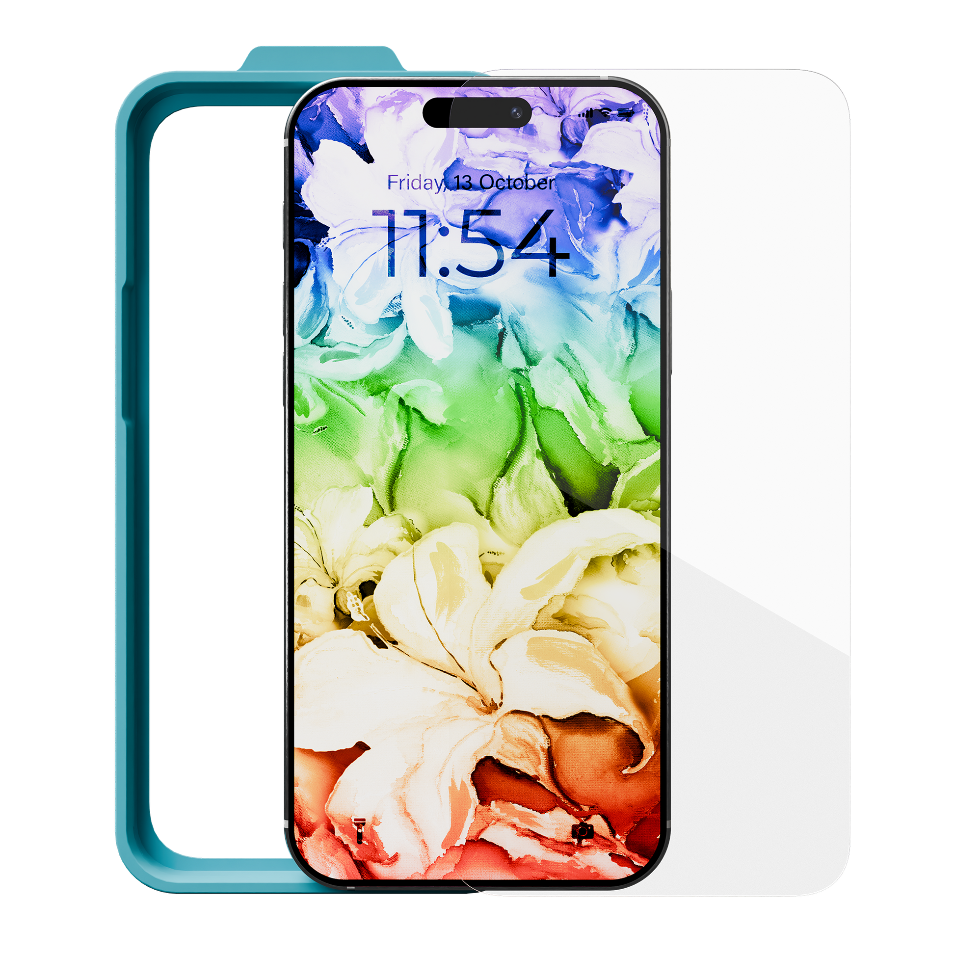 A smartphone with a floral wallpaper displays 11:54, Friday, 13 October. Next to it is a Tempered Glass for iPhone 17 / 16 Pro w/ Alignment Tray and Anti-Microbial protection.