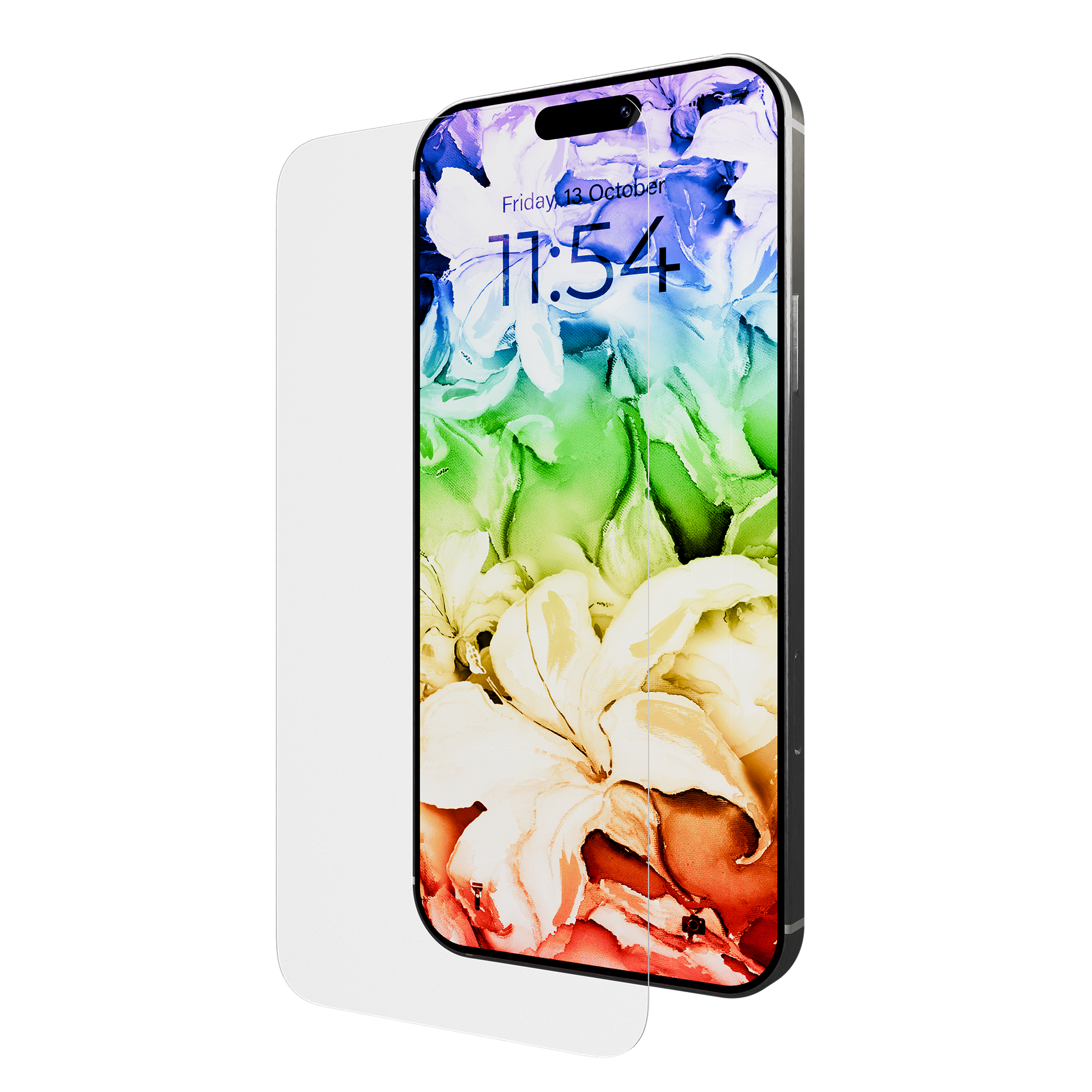 A smartphone with a floral wallpaper and visible time of 11:54 displays the Tempered Glass for iPhone 17/16 Pro with Alignment Tray and Anti-Microbial, partially lifted to highlight its easy application process.