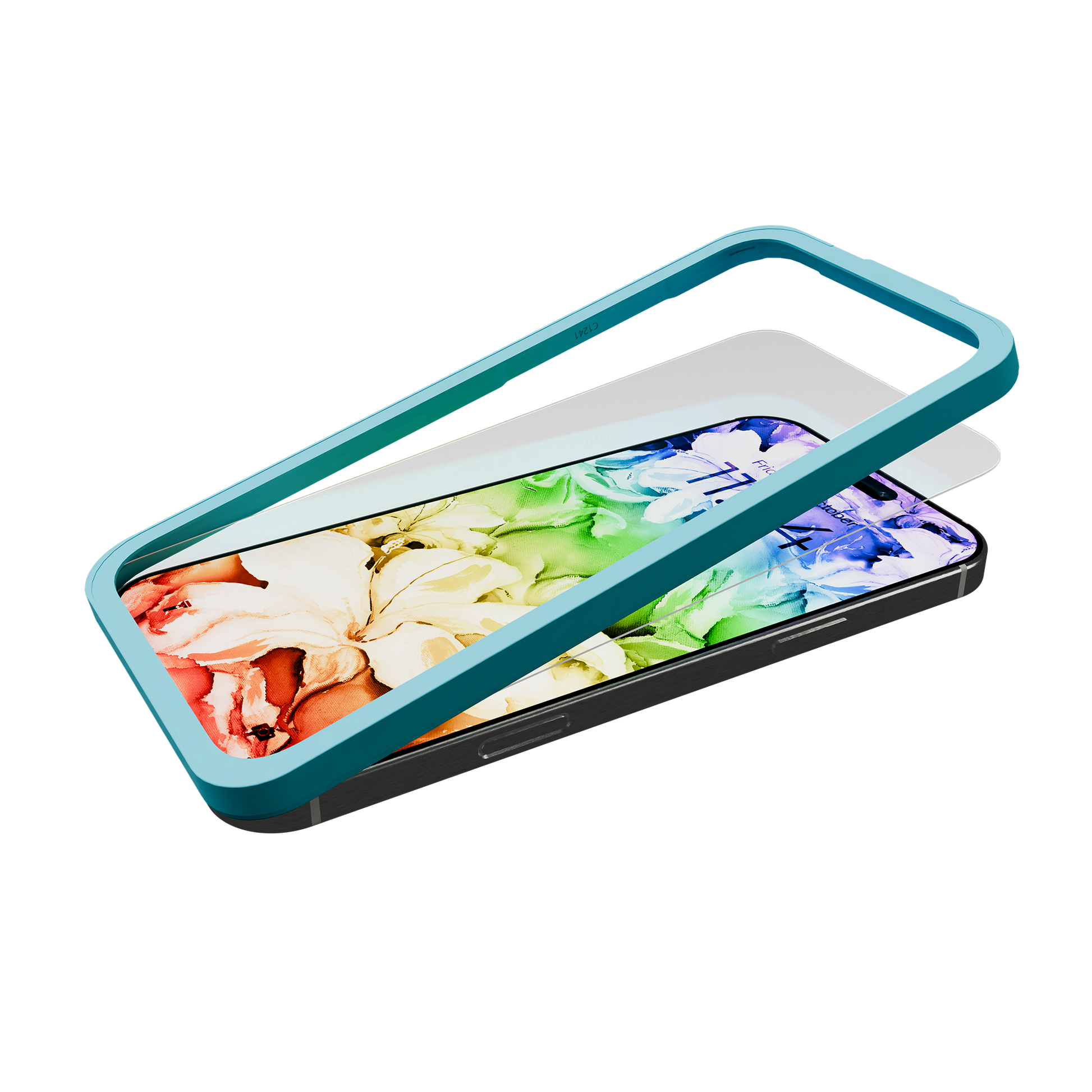 A Tempered Glass for iPhone 17 / 16 Pro with alignment tray and anti-microbial coating is shown on a white background, with the screen protector lying flat beneath a turquoise bumper case and displaying a colorful abstract image.